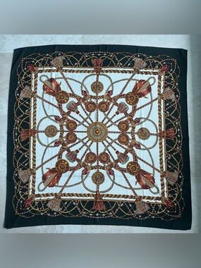 Vintage 100% Silk Square Scarf - Tassel Motif - Green, White & Rust
